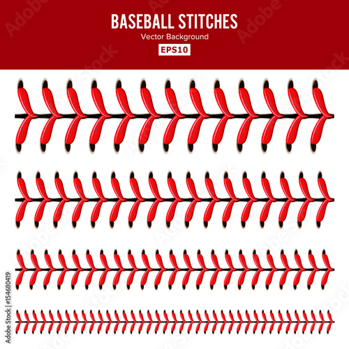 Baseball Stitches Vector. Lace From A Baseball Isolated On White. Sports Ball Red Laces Set.