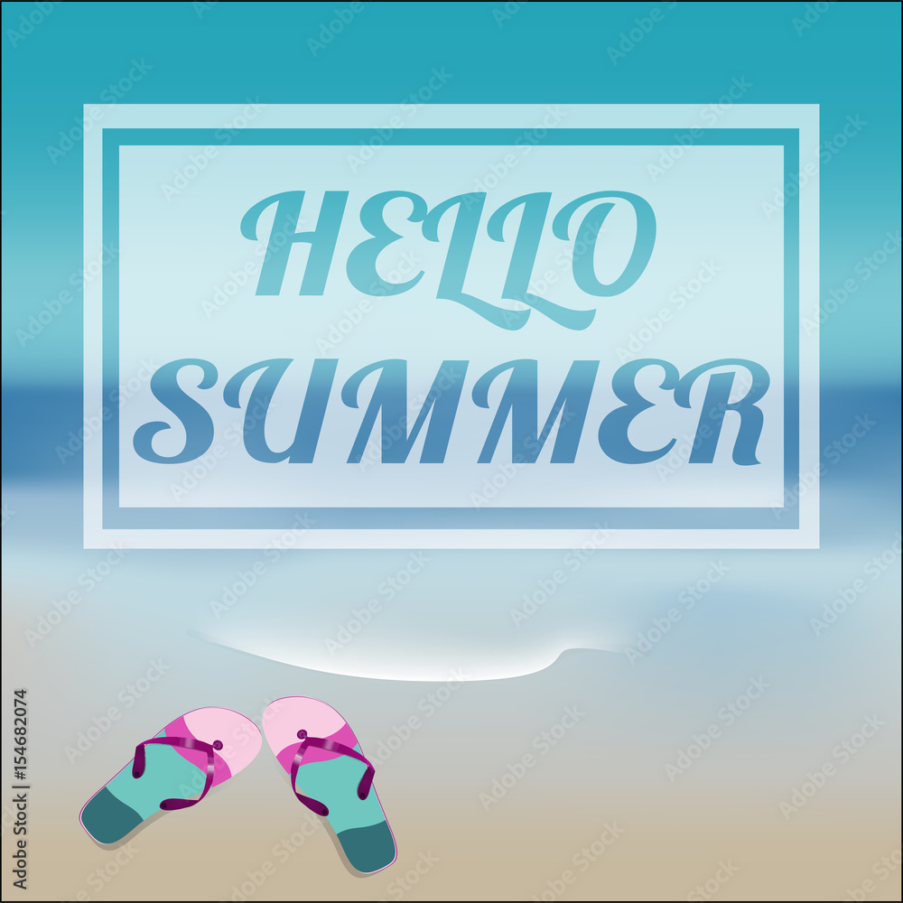 Summer sea background with lettering HELLO SUMMER and flip-flops Stock
