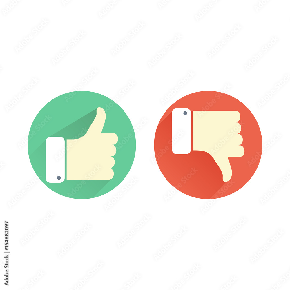 Thumb up and down green and red icons. Like and dislike round buttons in flat design Thumb up and down green and red icons. Like and dislike round buttons in flat design