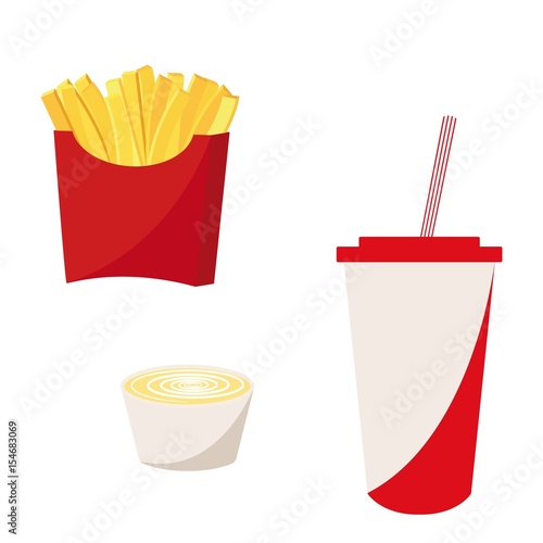 Vector hand drawn illustration of french fries, sauce and soda cup. Fast food.

