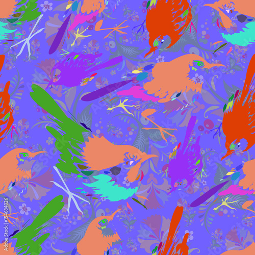 Seamless repeating pattern of multi-colored birds