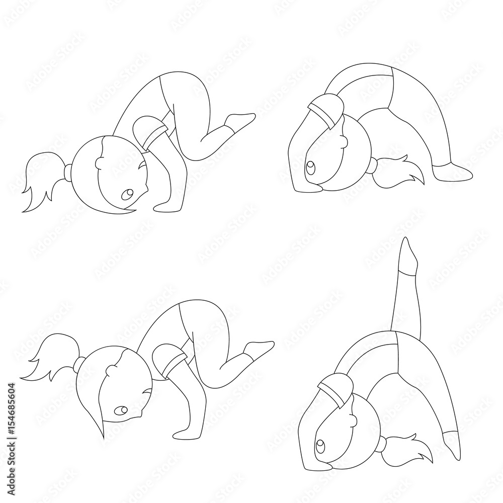 The outlines of a cartoon girl in different yoga poses are simple and ...