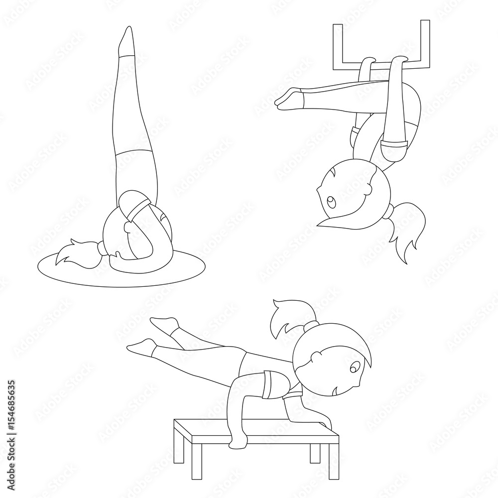 The outlines of a cartoon girl in different yoga poses are simple and airy, and gymnastic exercises The outlines of a cartoon girl in different yoga poses are simple and airy, and gymnastic exercises