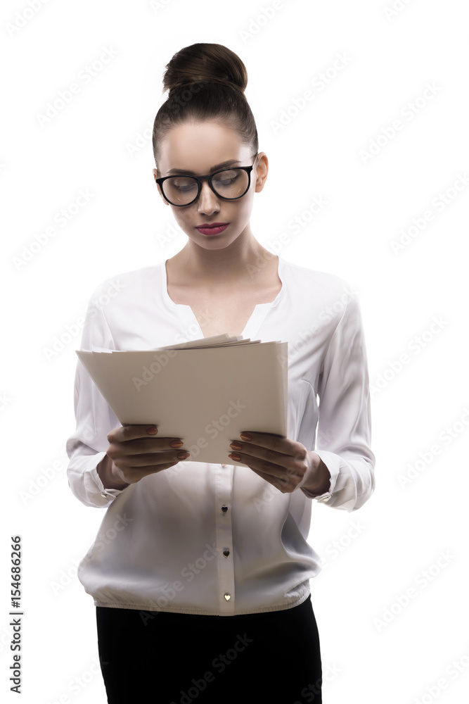 office girl in glasses holds papers in hands isolated on white office girl in glasses holds papers in hands isolated on white