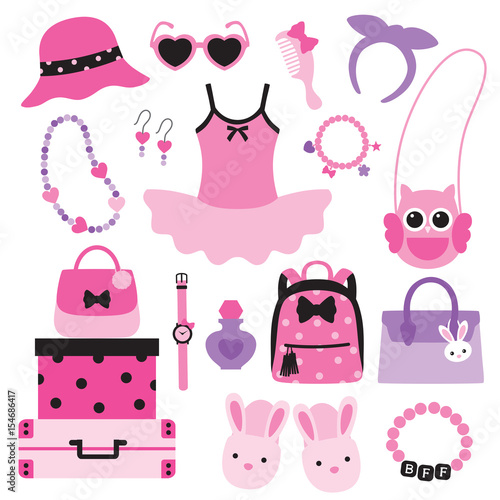 Vector illustration of little girl fashion accessories including handbags, hat, sunglasses, necklace, bracelet, backpack, slippers.