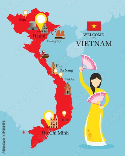 Vietnam Map and Landmarks with People in Traditional Clothing