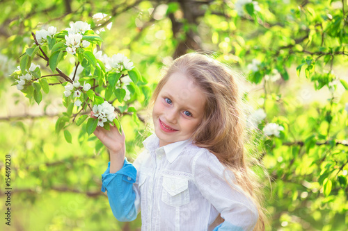 Adorable little girl in blooming apple tree garden on beautiful spring day. Cute child picking fresh apple tree flowers at sprin