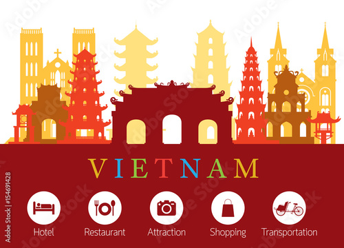 Vietnam Landmarks Skyline with Accommodation Icons