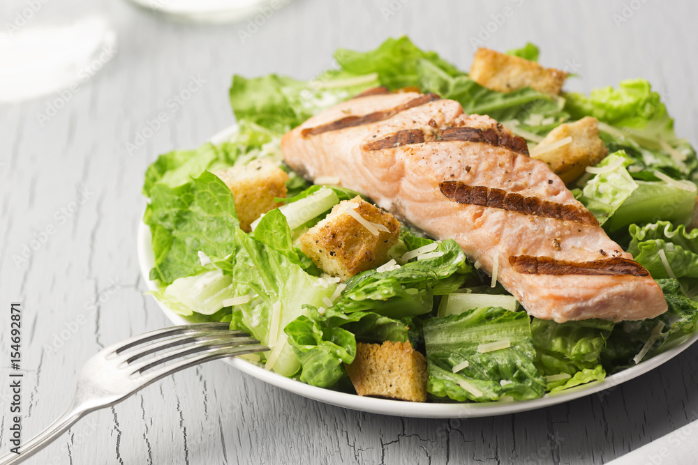 Grilled Salmon Caesar Salad with Croutons and Parmesan Grilled Salmon Caesar Salad with Croutons and Parmesan