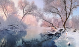 Сhristmas Lace.Winter landscape in pink tones with hoarfrost everywhere.Mostly calm winter river, surrounded by trees covered with hoarfrost and snow that falls on a beautiful pink morning light. 