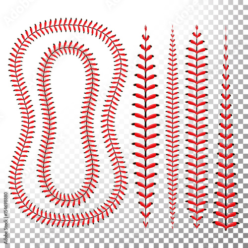 Baseball Stitches Vector. Lace From A Baseball Isolated On Transparent. Sports Ball Red Laces Set.
