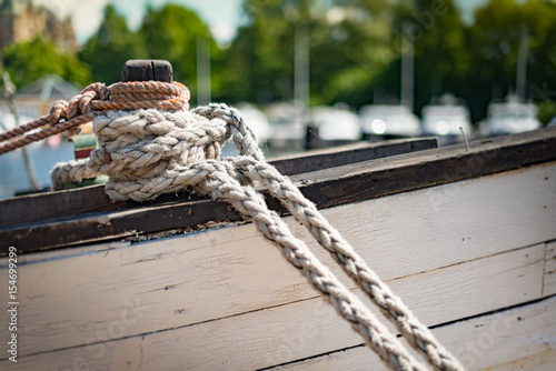 Photography Ropes on boat in port of Stockholm, Sweden.