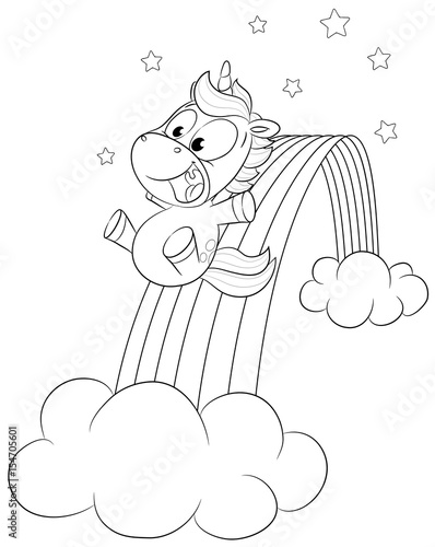 Niedliches Einhorn rutscht auf Regenbogen Vektor Illustration