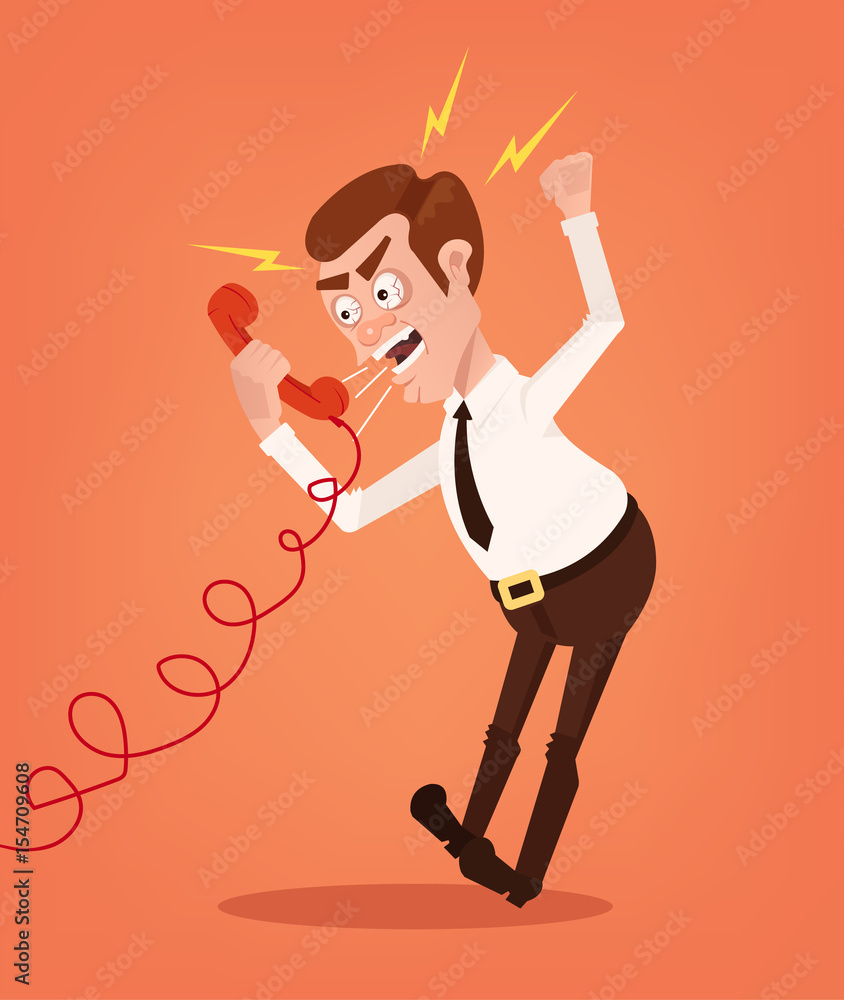 Obraz premium Angry businessman office worker consultant man character shouting and yelling on phone. Vector flat cartoon illustration