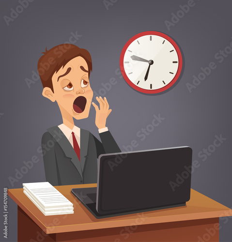 Tired sad busy office worker man character yawn. Vector flat cartoon illustration