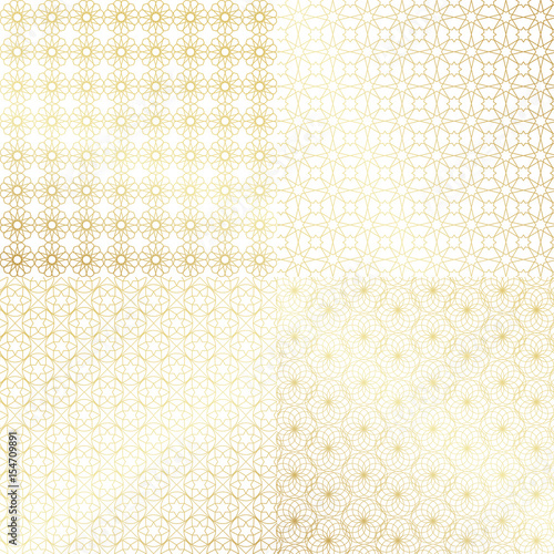Ramadan Kareem gold greeting card, banner, seamless pattern set. Vector arabic ornate geometric shining background in islamic style