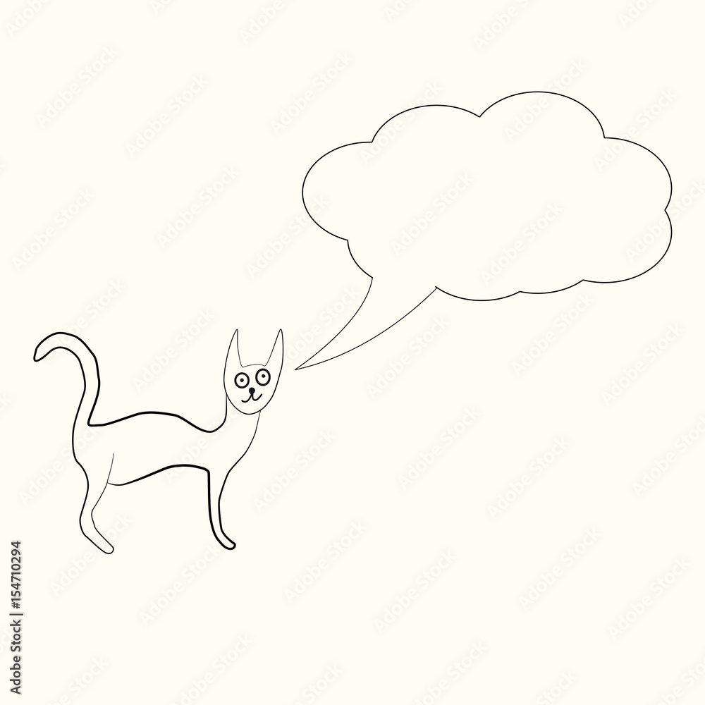 Odd funny primitive style cat with text bubble . Odd funny primitive style cat with text bubble .