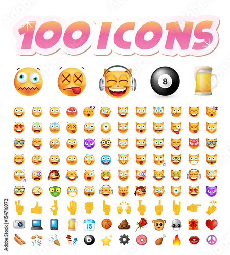 Set of 100 Cute Icons on White Background. Isolated Vector Illustration