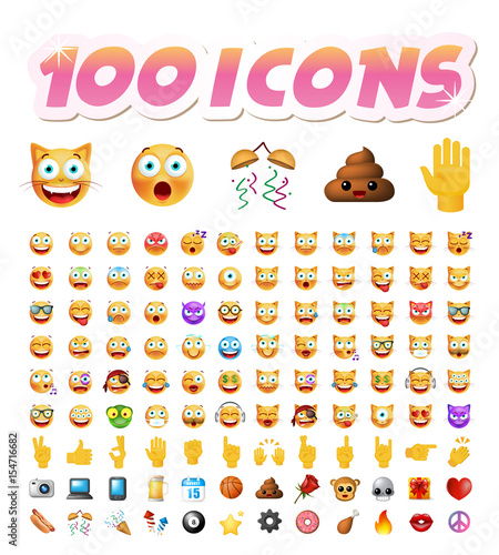 Set of 100 Cute Icons on White Background. Isolated Vector Illustration