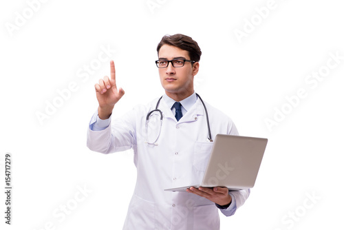 Doctor with laptop isolated on white background