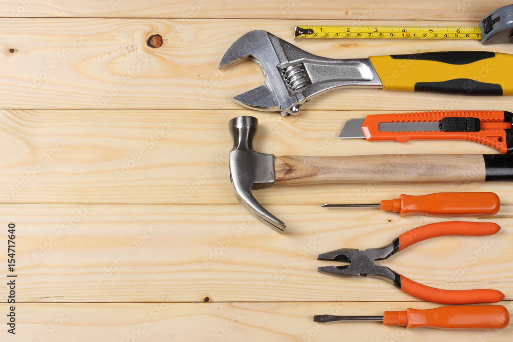 industrial tools on light wooden background with copy space. top view. tools texture. tools background industrial tools on light wooden background with copy space. top view. tools texture. tools background