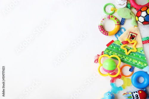 Children's toys and accessorieson a White background.view from above 