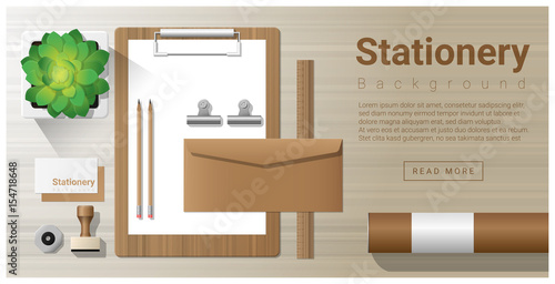 Stationery background with office equipment on wooden table , vector , illustration