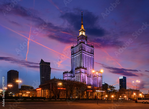 Palace of Culture and Science in the evening