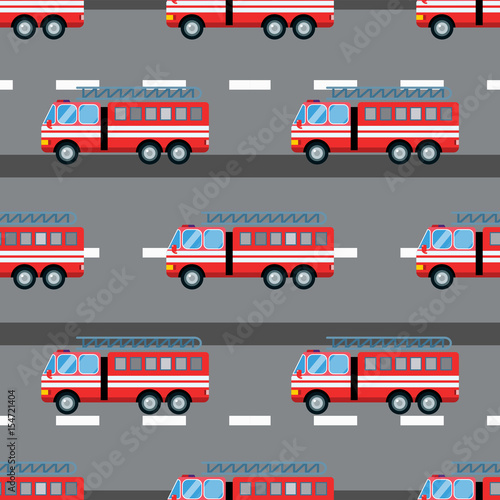 Fire truck car vector illustration seamless pattern cartoon fast emergency service transportation