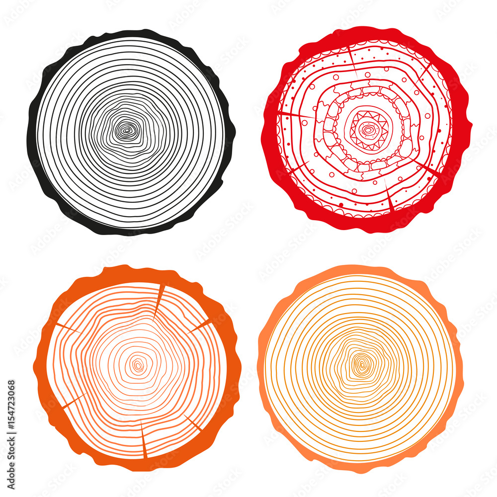 Tree rings. Set of cross section of the tree. Set of tree rings on ...