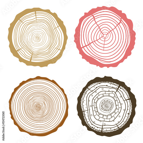Tree rings. Set of cross section of the tree. Set of tree rings on isolation background. Conceptual graphics. Line art