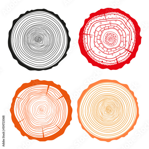 Tree rings. Set of cross section of the tree. Set of tree rings on isolation background. Conceptual graphics. Line art