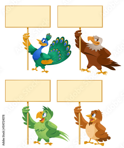Funny birds holding blank banner.