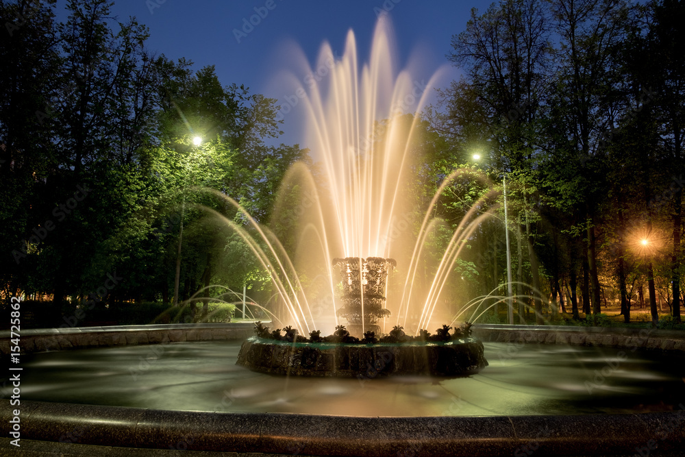 The illuminated fountain "Stone flower" in the night at Moscow - obrazy, fototapety, plakaty 