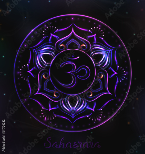 VECTOR Chakra symbol for Meditation. Esoteric illustration Chakra Sahasrara in violet color
