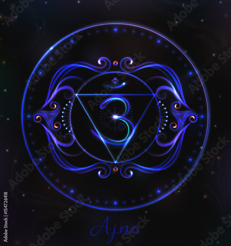 VECTOR Chakra symbol for Meditation. Esoteric illustration Chakra Ajna in indigo color

