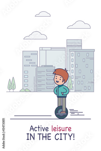 Stay in the city. "Active leisure in the city". The new poster boy for the monowheel . Vector