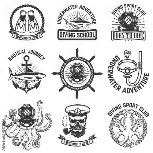 Set of scuba diving club emblems. Design elements for logo, label, emblem, sign. Vector illustration