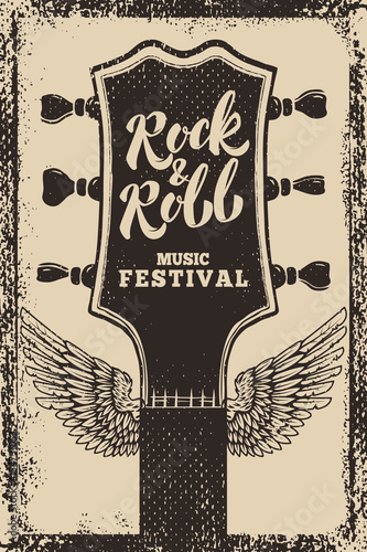 rock and roll festival poster template. Guitar with wings on grunge background. Vector illustration
