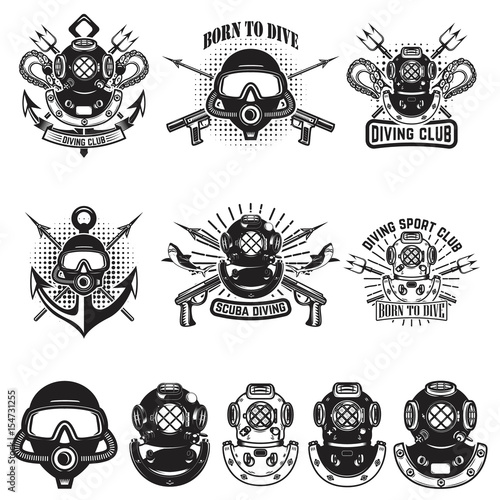 Set of vintage dive helmets. Diver emblems. Diver weapon. Vector illustration