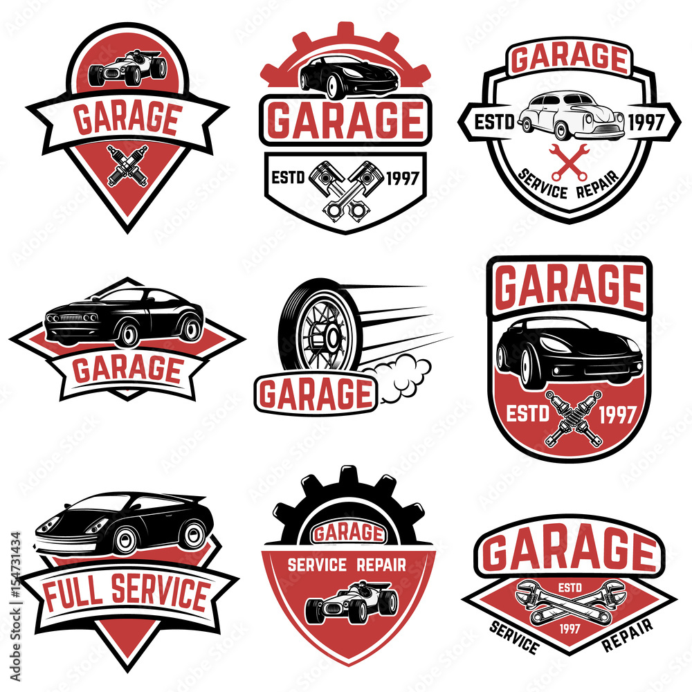 Fototapeta Set of vintage car service labels. Design elements for logo, label, emblem, sign, badge. Vector illustration