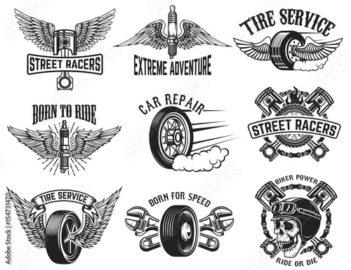 Set of tire service, car repair labels. Design elements for logo, emblem, sign, badge. Vector illustration