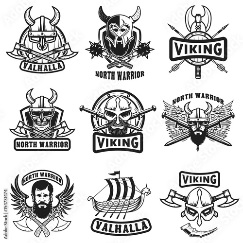 Set of vintage viking labels. Viking warrior in horned helmet, with beard, crossed axes, swords, shield. Design elements for logo, label, emblem, sign. Vector illustration