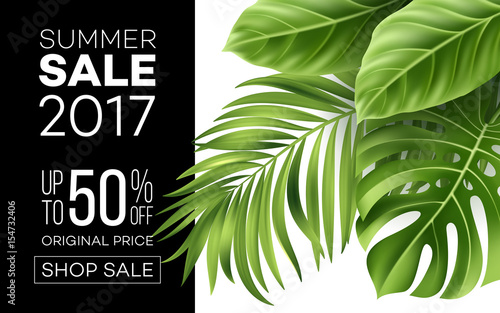 Sale banner, poster with palm leaves, jungle leaf and handwriting lettering. Floral tropical summer background. Vector illustration