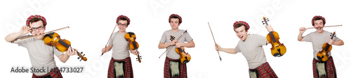 Funny scotsman with violin on white