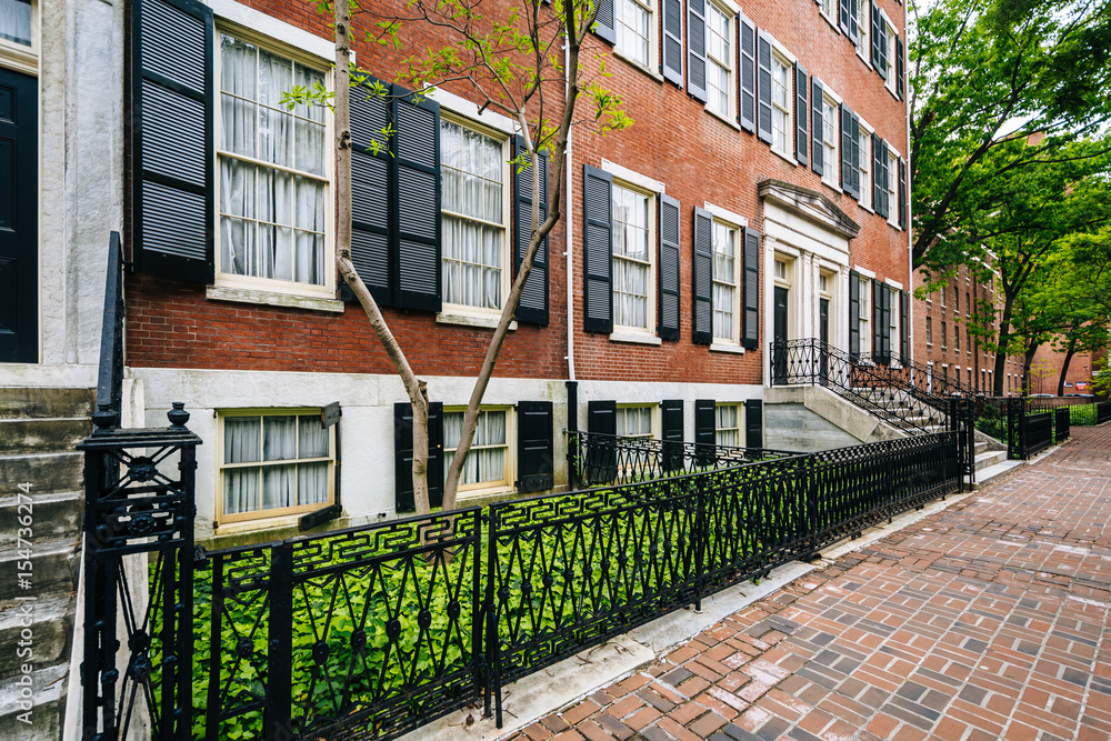 Historic brick buildings along Spruce Street in Washington Square West, Philadelphia, Pennsylvania.