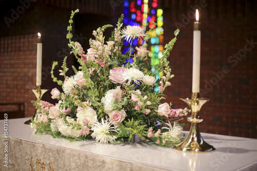 Pink, White, and Green Church Wedding Altar Flowers