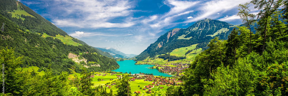 Lake Lungern with Swiss Alps and  stunning valley from Brunig Pass, Switzerland