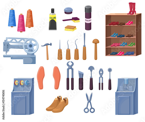 Shoemaker or cobbler tools set including carpenter repair instruments, boots, sewing machine, glue, threads, brushes, awl, chisel