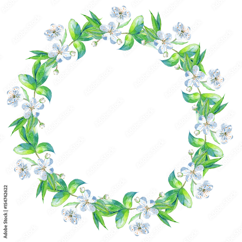Wreath from cherry tree branches with flowers. 